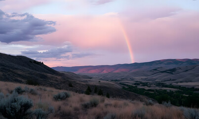 Wall Mural - A serene landscape featuring rolling hills, a rainbow, and a colorful sky at sunset.