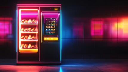 Poster - Futuristic Vending Machine with Neon Lights and Colorful Snacks in a Modern Space, Ideal for Technology and Convenience Themes in Stock Photography