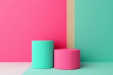Poster - A vibrant, minimalist design featuring cylindrical shapes in pink and turquoise against a colorful backdrop.