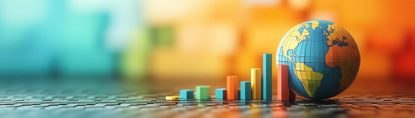 Poster - A colorful globe alongside rising bar graphs, symbolizing growth, data analysis, and global development trends in a dynamic business environment.
