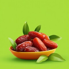 Wall Mural - Fresh and Glossy Sukkary Dates in a Bowl Surrounded by Green Leaves on a Vibrant Green Background, Perfect for Healthy Eating and Culinary Use