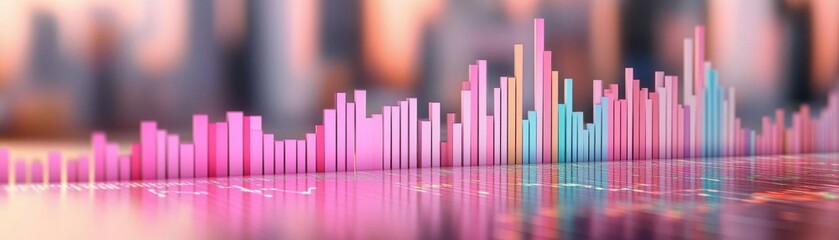 Poster - A vibrant visualization of sound waves, featuring pink and blue bars reflecting a dynamic cityscape background.