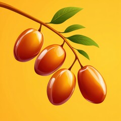 Wall Mural - Vibrant Close-Up of Golden Brown Dates on a Branch with Lush Green Leaves Against a Bright Yellow Background