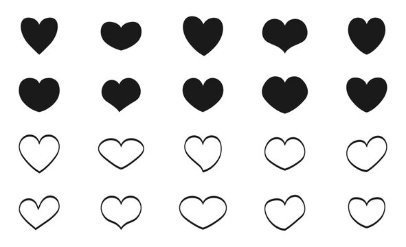 Hearts icon set. Heart icons. Love heart symbol collection. Solid and outline vector hearts. Hearts of different shapes for web. Doodle heart shape.