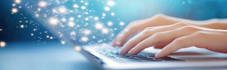 Poster - Hands Typing on a Laptop With Digital Icons and a Check Mark in a Futuristic Blue Background
