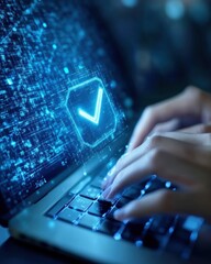 Poster - Hands Typing on a Laptop With Digital Documents and Approval Check Mark in a Futuristic Blue Setting