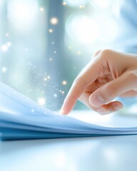 Poster - Man Using Finger to Touch Digital Check Mark on Hologram of Documents in Bright Workspace