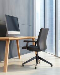 Aufkleber - Modern Office Interior Featuring a Desk, Ergonomic Chair, and Panoramic Window View