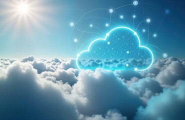 Poster - Cloud storage concept. Sky background with a glowing cloud shape. Cloud network graphic. Above clouds. Digital data. Tech and nature. Global. Business. Technology.