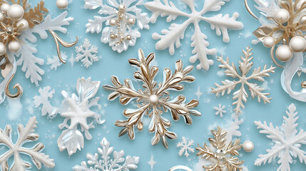 Poster - Glistening Snowflakes on a Soft Blue Background