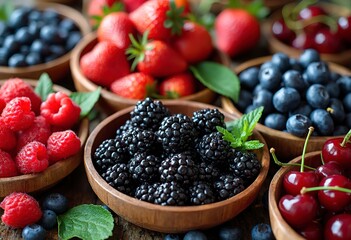 Wall Mural - A collection of fresh berries including raspberries, strawberries, blueberries, and cherries in wooden bowls and containers with green leaves