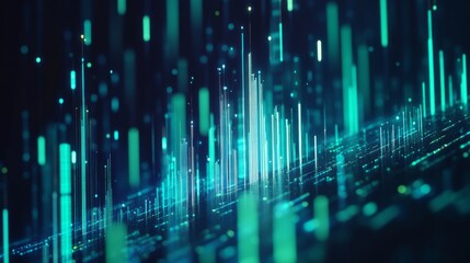 Poster - abstract digital landscape featuring glowing vertical lines with dynamic light effects creating a me