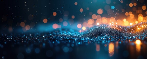Poster - Abstract glitter background with blue gold, black colors. Blurry lights create magical night party ambiance. Sparkling glitter texture fills scene. Bokeh lights diffused, colorful. Great for creating