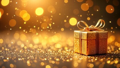 Poster - Golden gift box sits on sparkling golden surface. Holiday ambiance with blurred lights. Festive shiny background suitable for gift wrap web design. Celebration atmosphere. Stylish golden texture.