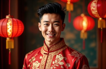 Happy young Chinese man in traditional festive clothing. Smiling confident male model stands against festive red lanterns. Celebration of heritage tradition. Stylish formalwear. Cultural event. Asian