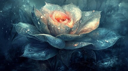 Aufkleber - Enchanting Blue Rose with Water Droplets Glimmering in a Mystical Atmosphere, Capturing the Beauty of Nature’s Intricate Details and Serenity