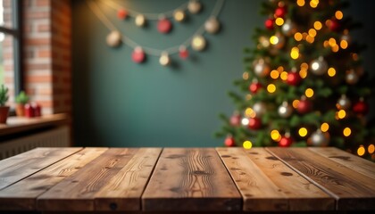 Aufkleber - Empty wooden tabletop in front of Christmas tree. Interior room setting. Festive Christmas theme. Blurred background with glowing Christmas lights. Wooden planks. Holiday. Winter. Cozy home decor.