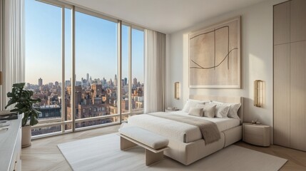 Poster - Modern Luxury Bedroom with City View, Abundant Natural Light, Elegant Design Elements, Soft Color Palette, Cozy Atmosphere for Relaxation and Comfort