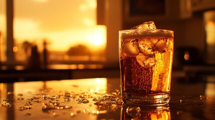 Poster - Refreshing Alcoholic Beverage in a Glass with Ice Cubes on a Glittering Surface During a Beautiful Sunset with Warm Golden Light in the Background
