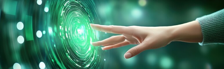 Poster - Woman Interacts With a Virtual Digital Screen Showcasing Futuristic Technology and Patterns