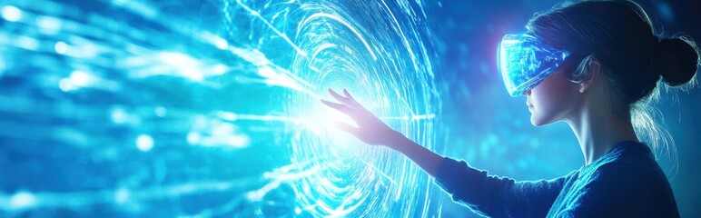 Aufkleber - Woman Interacting With Advanced Virtual Technology in a Digital Environment at Night