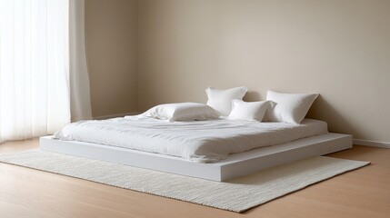 Poster - Minimalist Bedroom Interior with Low Profile Bed, White Bedding, Decorative Cushions, and Natural Light from Draped Window in Modern Style