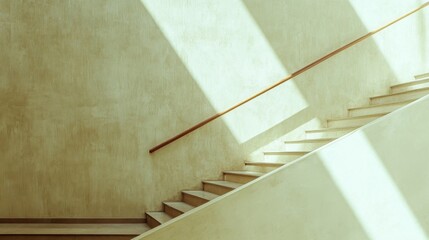 Aufkleber - Elegant and Minimalist Stairs with a Smooth Wooden Handrail and Soft Natural Light Illuminating the Warm Textured Walls, Creating a Serene Atmosphere