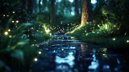 Poster - Nighttime View of a Forest with Fireflies