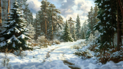 Poster - Pine Forest with a Dusting of Snow Under a Cloudy Sky