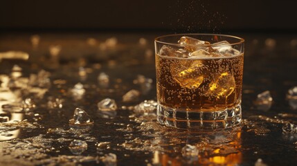 Poster - Close-Up of a Refreshing Glass of Sparkling Beverage with Ice Cubes on a Dark Surface, Perfect for Beverage and Cocktail Illustrations