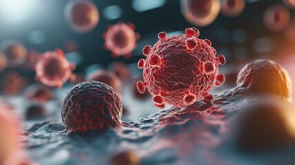 Poster - Stunning Digital Artwork Depicting Cancer Cells Under a Microscope with Intricate Details and Vivid Colors for Scientific Illustration and Educational Use