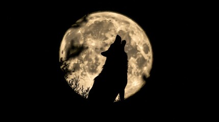 Poster - A wolf howling silhouette, framed by the full moon in a forest at night. 