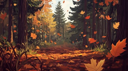 Poster - Rustic Autumn Forest with Falling Leaves