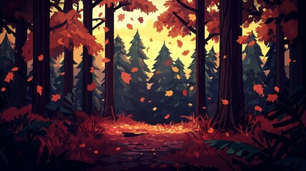 Poster - Rustic Autumn Forest with Falling Leaves