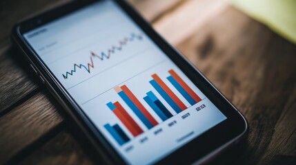 Leinwandbilder - Smartphone Displaying Colorful Bar Graphs and Line Charts on a Wooden Table for Business Analysis and Financial Data Visualization