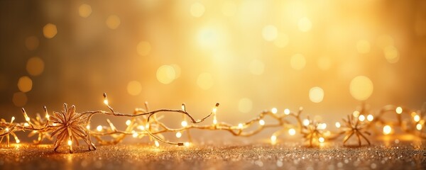 Aufkleber - Golden glowing Christmas background with blurred lights, decorative string lights. Festive holiday abstract glitter backdrop. Holiday lights shine brightly creating warm atmosphere. Beautiful