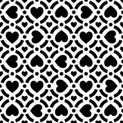 Poster - Monochromatic seamless pattern with bold black hearts and smaller heart accents arranged in a geometric lattice design.