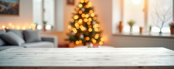 Aufkleber - Empty white wooden table top in front of warm living room decor with Christmas tree string lights, snow. Cozy holiday backdrop suitable for product display advertisement. Festive winter interior with
