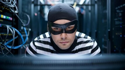 Poster - A masked individual in a striped outfit is focused on a computer in a server room.