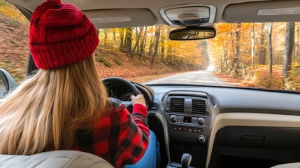 Wall Mural - An excited female tourist was driving alone,  enjoying the freedom of a road trip.  A woman's joy and freedom in autumn shows her love for life and her anticipation  for new adventures.