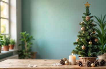 Aufkleber - Christmas tree on wooden table in home interior. Festive decorations include ornaments and pine cones. Calm atmosphere with window and plants. Warm colors and natural elements. Cozy home decor.
