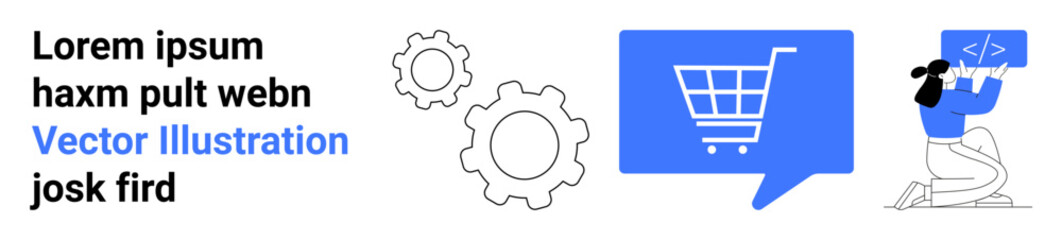 Shopping cart in blue speech bubble, person holding code screen, gears, placeholder text. Ideal for e-commerce websites, software development, online shopping, coding, technology services, tech