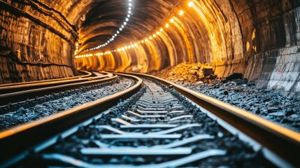 Fototapete - Intricate Perspective of Railway Tracks Curving Through a Dimly Lit Tunnel Surrounded by Stone Walls and Illuminated by Soft Yellow Lights