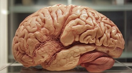Poster - Anatomically Accurate Human Brain Model Displayed on Glass Surface with Detailed Structure and Vascular System Highlighted for Educational and Medical Representation