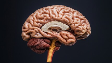 Poster - Anatomically Detailed Human Brain Model Displaying Distinct Regions and Structures Against a Dark Background for Educational and Artistic Purposes