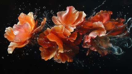 Poster - Vibrant Orange and Pink Flower Blooms in Water Splashing Effect Captured Against Black Background for Nature and Floral Enthusiasts