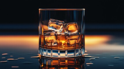 Poster - Elegant Close-Up of a Crystal Glass Filled with Golden Whiskey and Ice Cubes on a Dark Background with a Soft Warm Glow and Droplets of Water