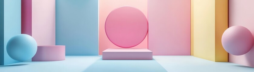 Poster - A minimalist scene featuring colorful geometric shapes, including a pink circle and blue sphere, set against pastel-hued walls, creating a serene and artistic atmosphere.