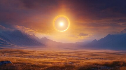 Poster - Majestic Sunset Over Serene Valley with Golden Glow and Mountain Silhouettes Enhancing the Tranquil Landscape, Perfect for Nature Lovers and Landscape Photography