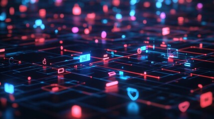 Poster - Futuristic Digital Network Interface with Colorful Icons and Symbols Representing Technology, Data, and Communication in a Seamless Virtual Environment